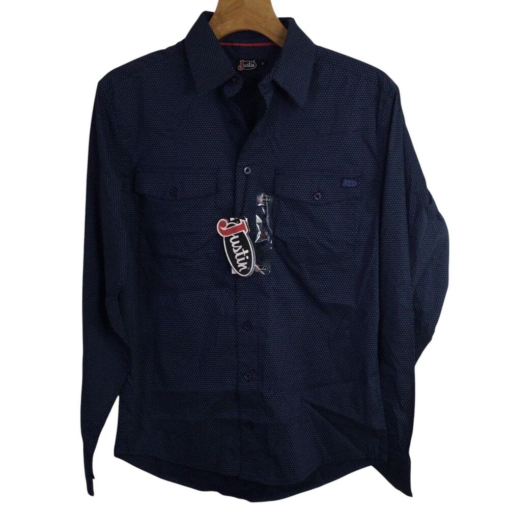 Justin Boots Men Open Button-Up Shirt Long Sleeve Oyster Diamond Blue Size S NWT